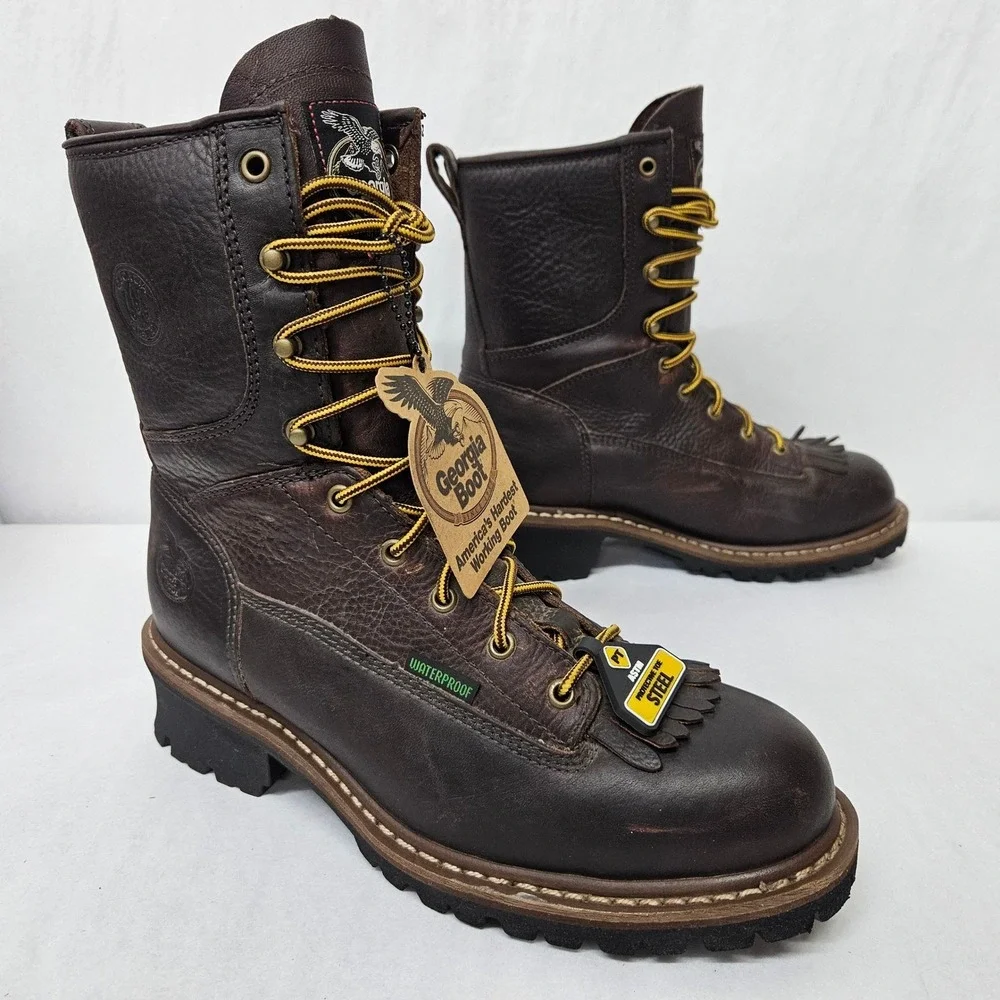 Georgia Boot Logger Work Boots Waterproof Steel Toe G7313 Brown Leather Mens 8.5
